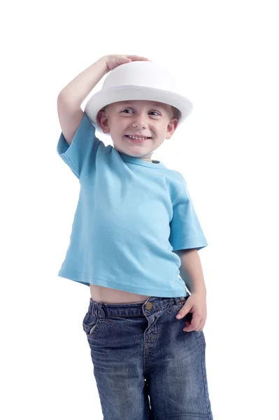 Liten pojke med vita plommonstop — Stockfoto