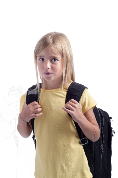Back to school: girl with heavy bagpack — Stock Photo, Image