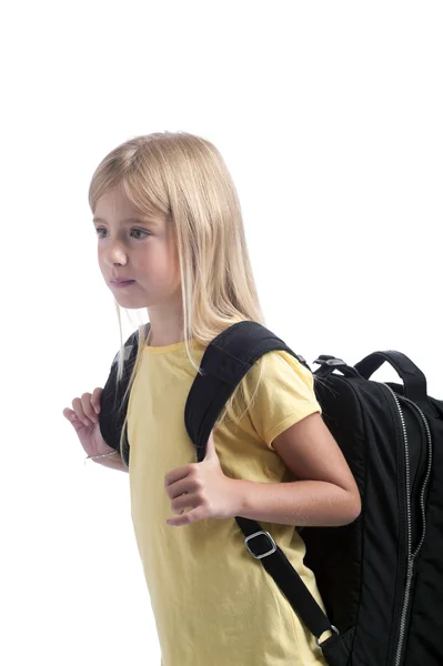 Back to school : girl with heavy bagpack — Stock Photo, Image