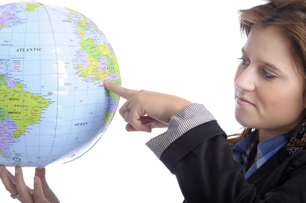 Young woman with globe — Stock Photo, Image