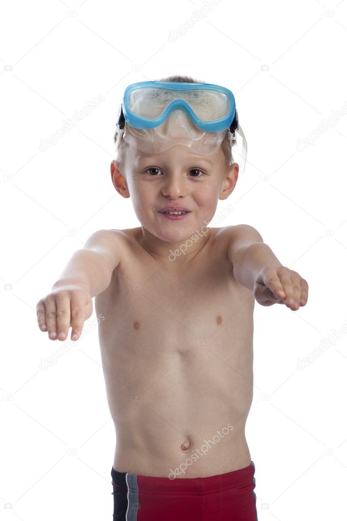 Little boy in swimming clothes with mask