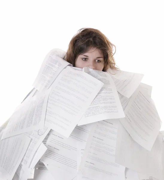 Business concept:young woman drowning in papers — Stock Photo, Image