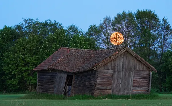 Vecchio fienile svedese sul campo durante il chiaro di luna Immagine Stock