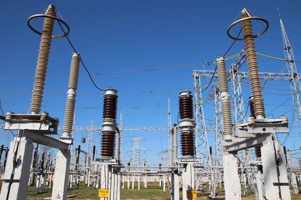 stock image Part of high-voltage substation with switches and disconnectors