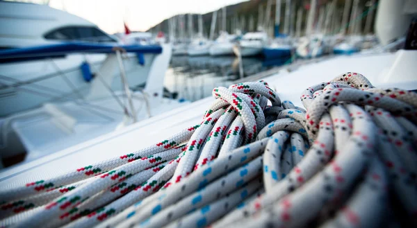 stock image Close-up of a mooring rope on a modern yacht.