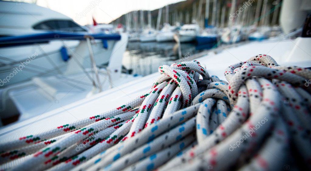 Close-up of a mooring rope on a modern yacht.