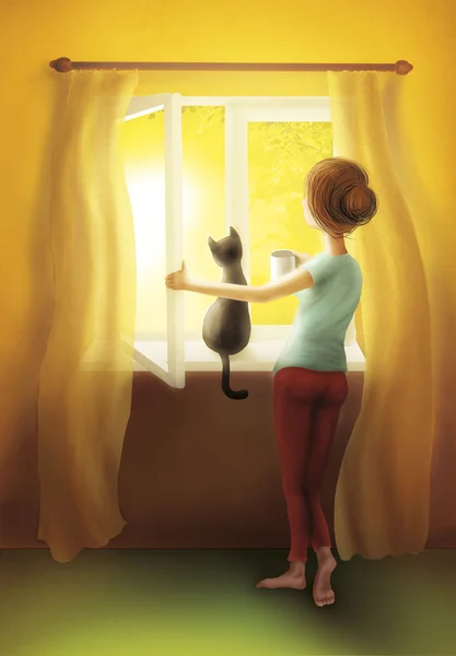 開いているウィンドウの外を見て午前中猫と少女. — ストック写真