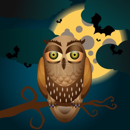 Jolie illustration Halloween avec pleine lune, chauves-souris et hibou 